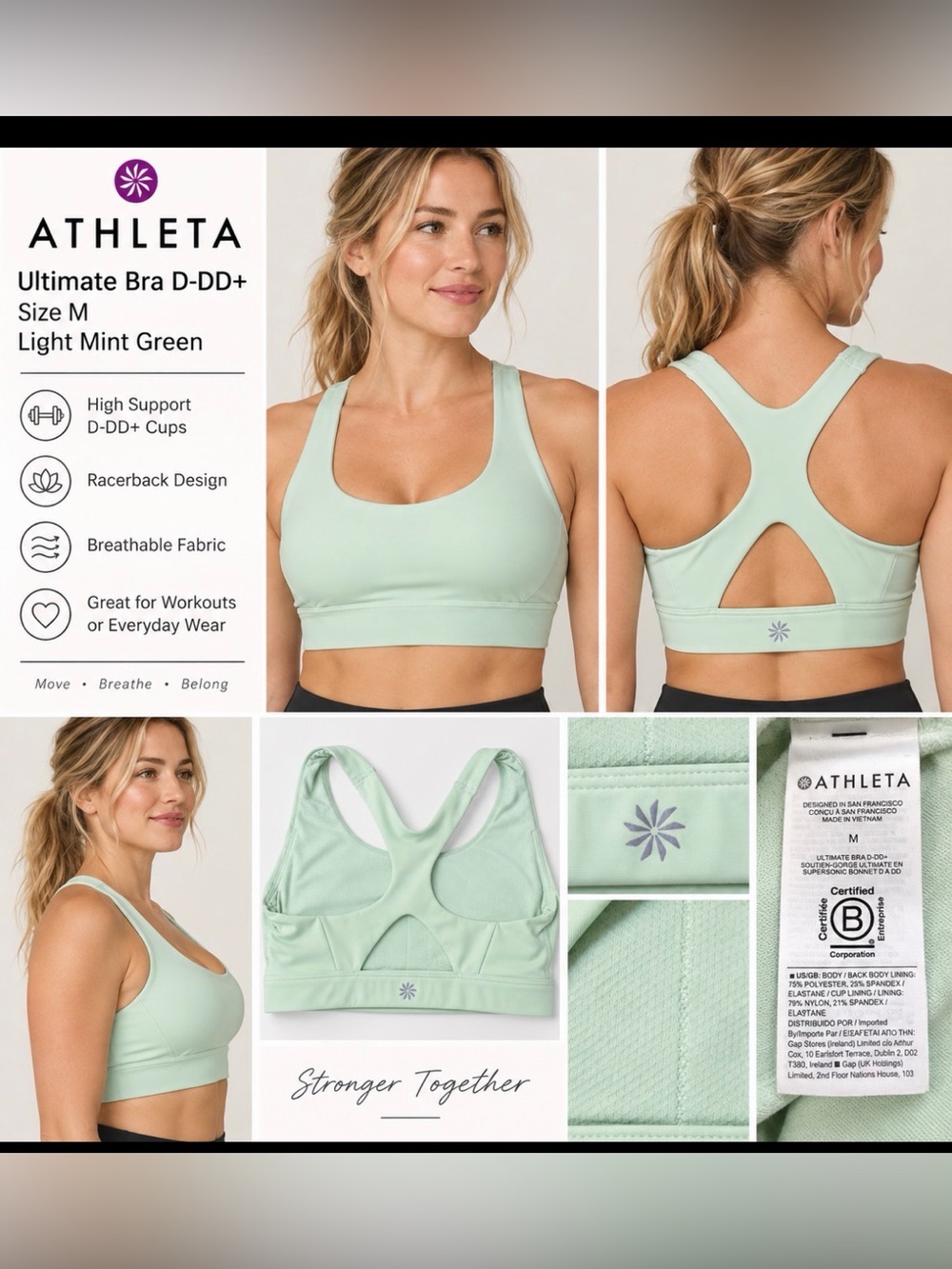 Athleta Ultimate Bra D-DD+ Size M Light Mint Green Racerback Sports Bra